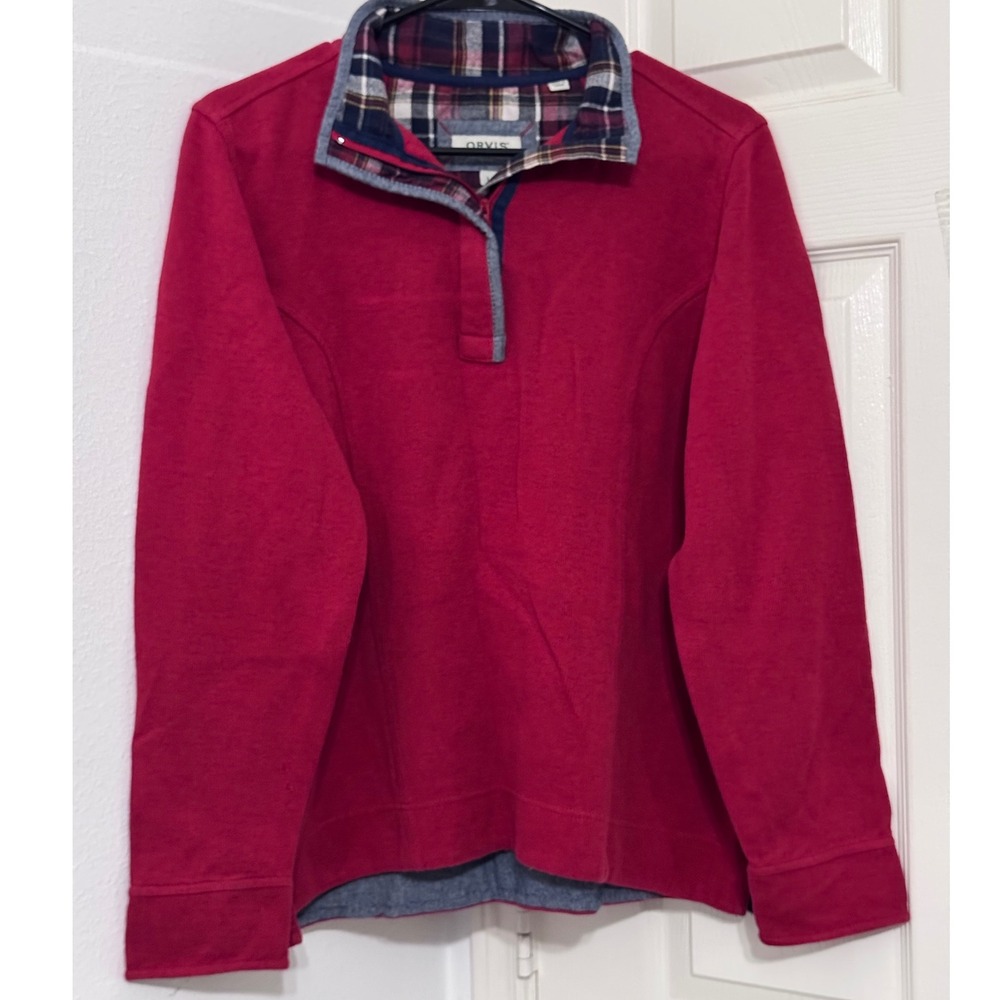 Orvis Men's L Quarter Zip Pullover Sweatshirt Red Plaid Cotton Preppy Outdoors